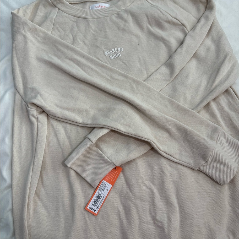 Colsie "Weekend Mood" Crewneck Sweatshirt in Light Beige